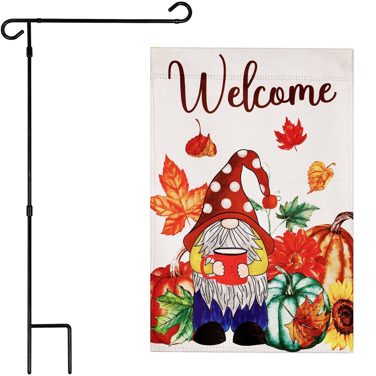 G128 Combo Pack: Garden Flag Stand Black 36 in x 16 in & Garden Flag Fall Decoration Welcome Gnome with Coffee at Harvest 12"x18" Double-Sided Blockout Fabric